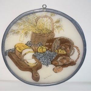 Vintage Leaded Glass Kitchen Themed Suncatcher Wheat Basket Bread Rolls